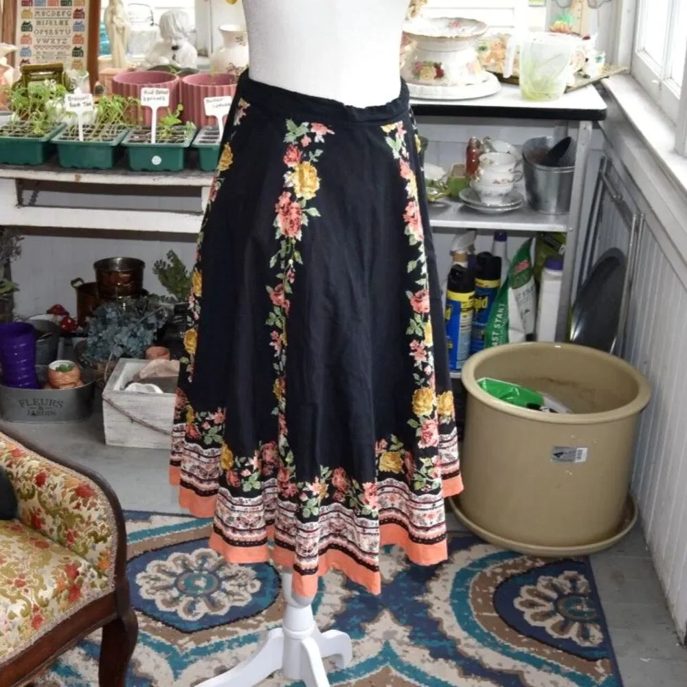 Blue Plate Y2K Boho Floral Circle Skirt Black Cotton India Size Large